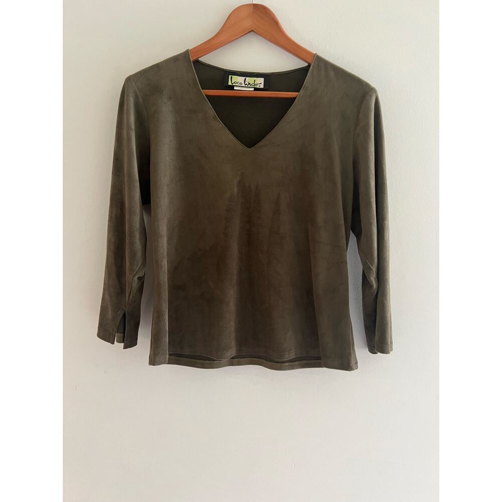 Loco Lindo Stretchy V-Neck 3/4 Sleeve Shirt Dark Green Size Medium JL
